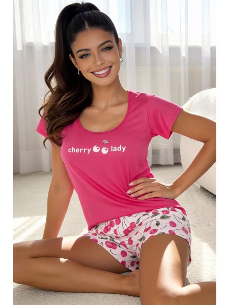 Pijama din bumbac cu pantaloni scurți - Cherry fuchsia