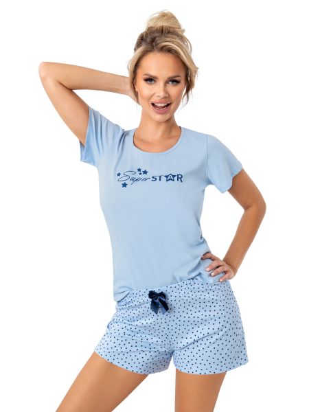 Pijama de damă din bumbac albastru - scurtă Star - 2