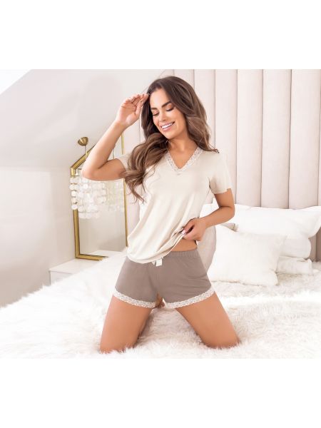 Pijama de damă cu dantelă - Daphne scurt bej