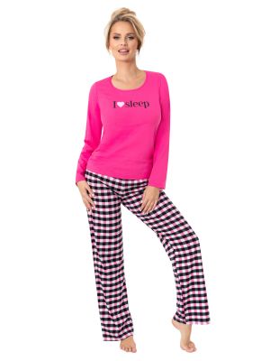 Pijama pentru femei din bumbac cu carouri - Sleep long fucsia