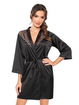 Halat din satin negru cu dantelă - Sabrina