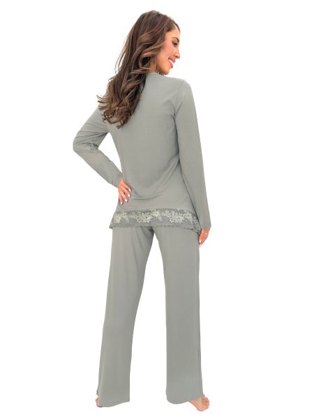 Pijamale elegante, verzi, cu dantelă – Ramona Long, verde măslin - 3