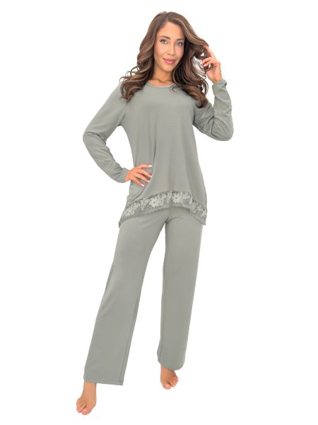 Pijamale elegante, verzi, cu dantelă – Ramona Long, verde măslin - 2