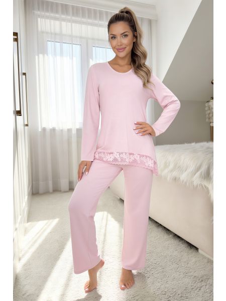 Pijama roz din viscoză cu dantelă – Ramona long, roz purpuriu