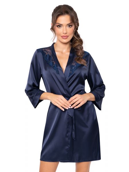 Halat de baie din satin cu dantelă – Mari, albastru închis - 2