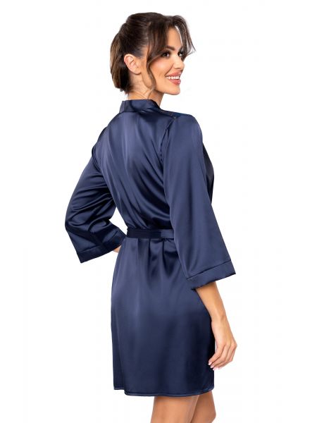 Halat de baie din satin cu dantelă – Mari, albastru închis - 3